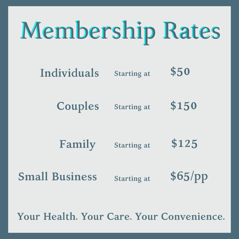 Membership rates table with starting prices for individuals, couples, families, and small businesses.