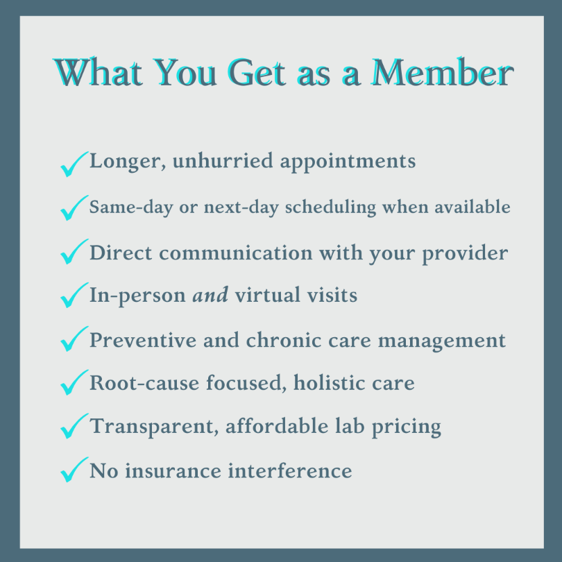 List of benefits for members on a light gray background with teal text.